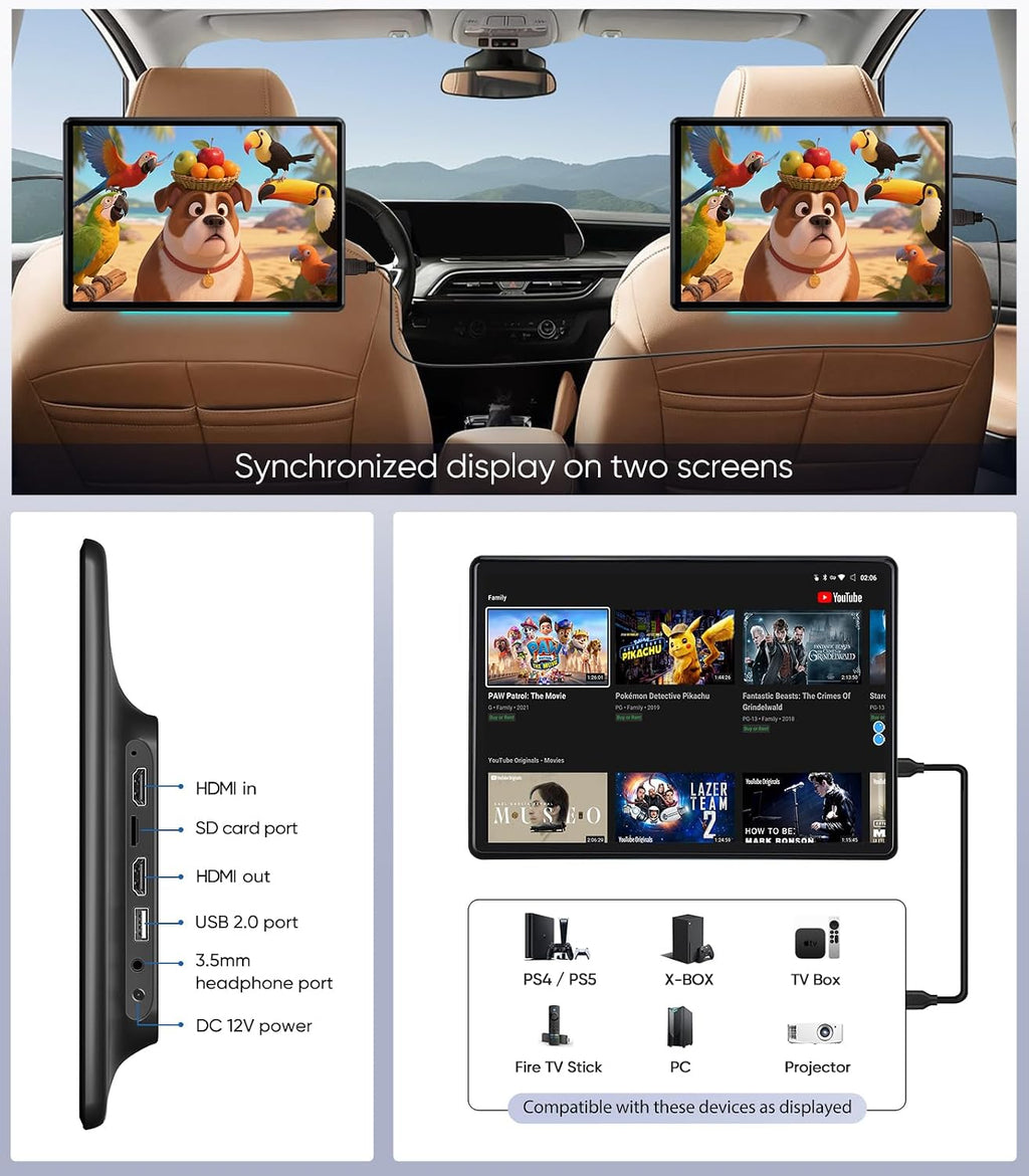 13.5' Android 13 Car Headrest Monitor 2-Pack - 4G+64G 4K Rear Seat Entertainment System TV for Back Seat, HDMI Sync, Wireless Mirroring, Bluetooth FM WiFi for SUV Minivan