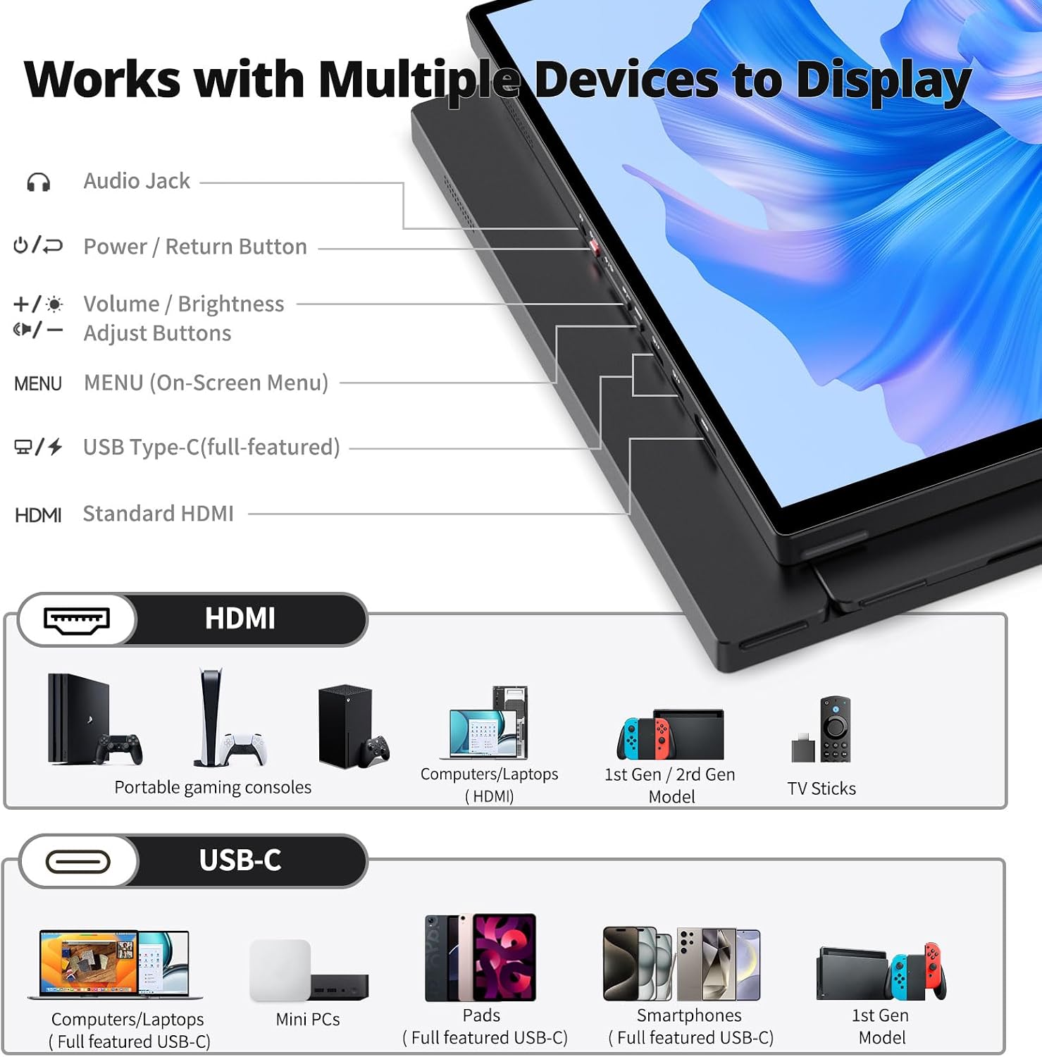 Intehill 16' 120Hz Touchscreen Portable Monitor, Portable Gaming Monitor w/Stand & Speakers, 16:10 Display with Full Laminated Tempered Glass, Touch Screen Travel Monitor for Laptop, T16PB (Black)