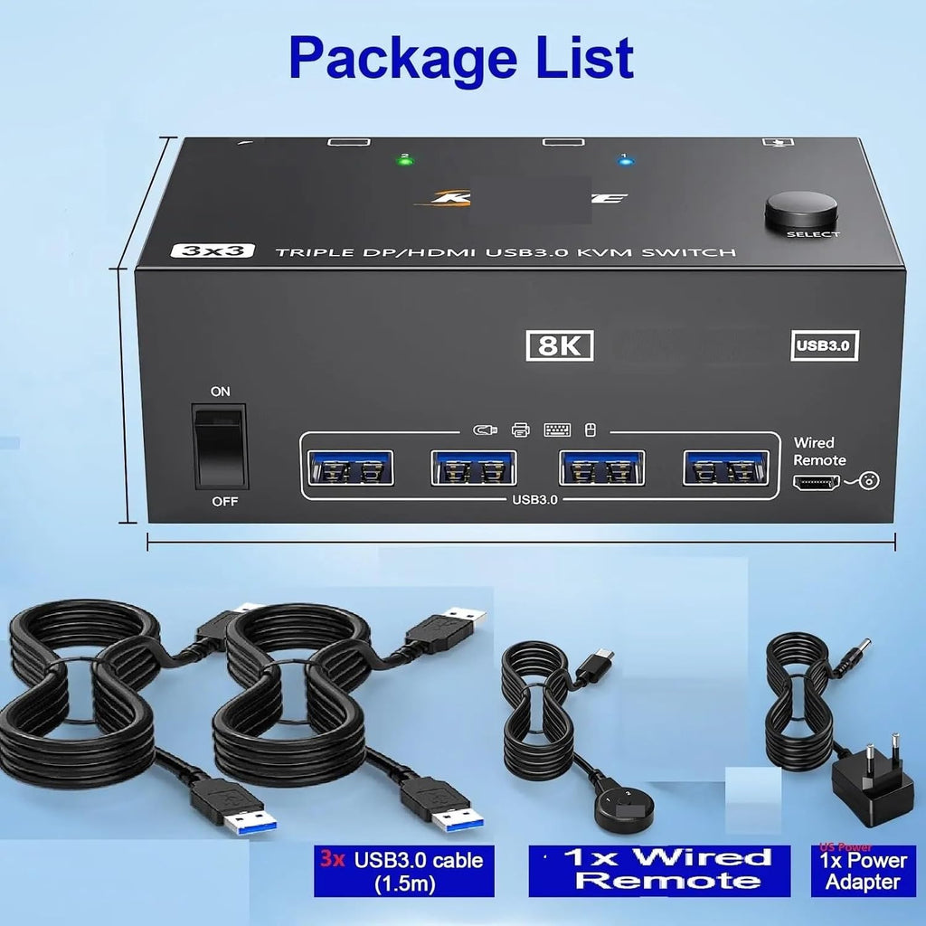 2 Displayport + HDMI USB 3.0 KVM Switch 3 Monitors 3 Computers 8K@60Hz 4K@144Hz Triple Monitor KVM with 4 USB 3.0 Ports(with AU Plug)