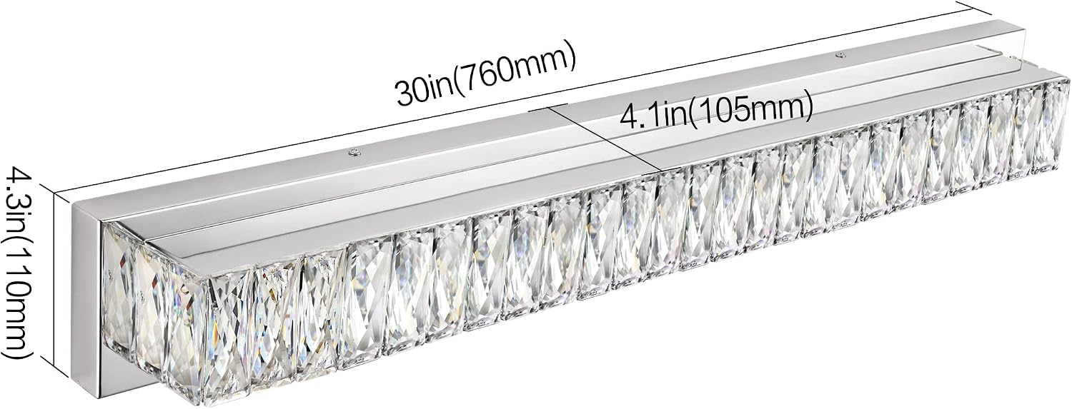 30in LED Bathroom Lights Over Mirror Modern Crystal Vanity Lights Bar Chrome Wall Lighting for Bath