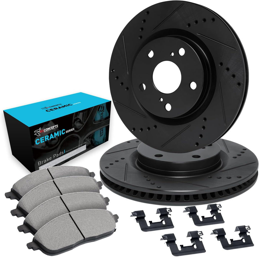 R1 Concepts Front Brake Kit Fits 2006-2011 Honda Civic| Ceramic Pads, Drilled Slotted Rotors| Hardware| 10.3' Front
