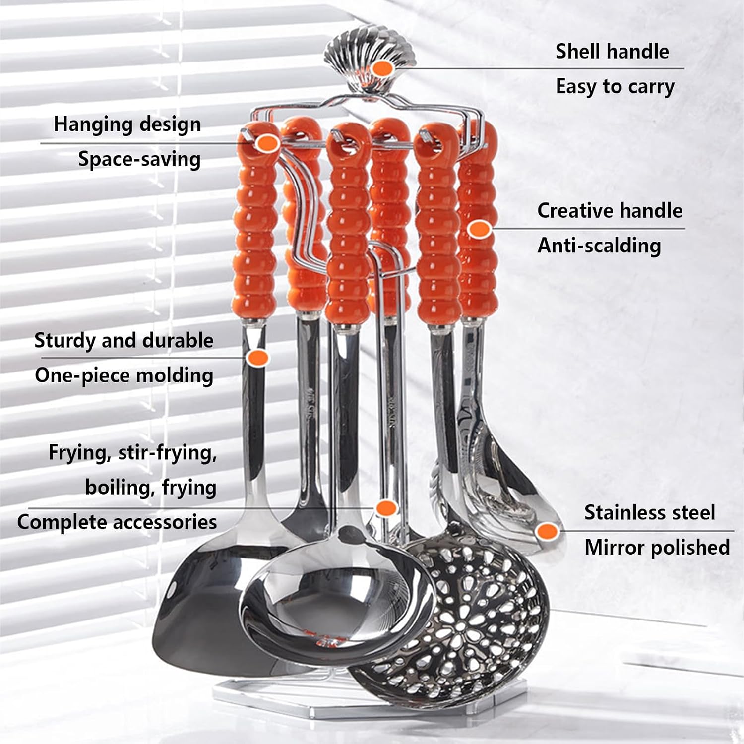 Stainless Steel Kitchenware Seven Pieces Set with Hanging Holder Ceramic Handle Kitchenware Cooking Utensils Set Dishwasher Safe Metal Kitchen Utensils Set BPA Free, Avocado