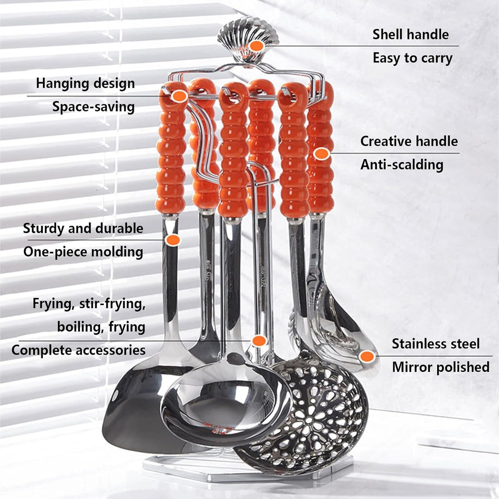 Cooking Utensils Set 7 Pcs with Hanging Shelf Stainless Steel Kitchenware Cookware Set with Ceramic Handle Include Slotted Spoon Slotted Spatula Large Spoon Soup Ladle Spatula Pasta Spoon, Orange