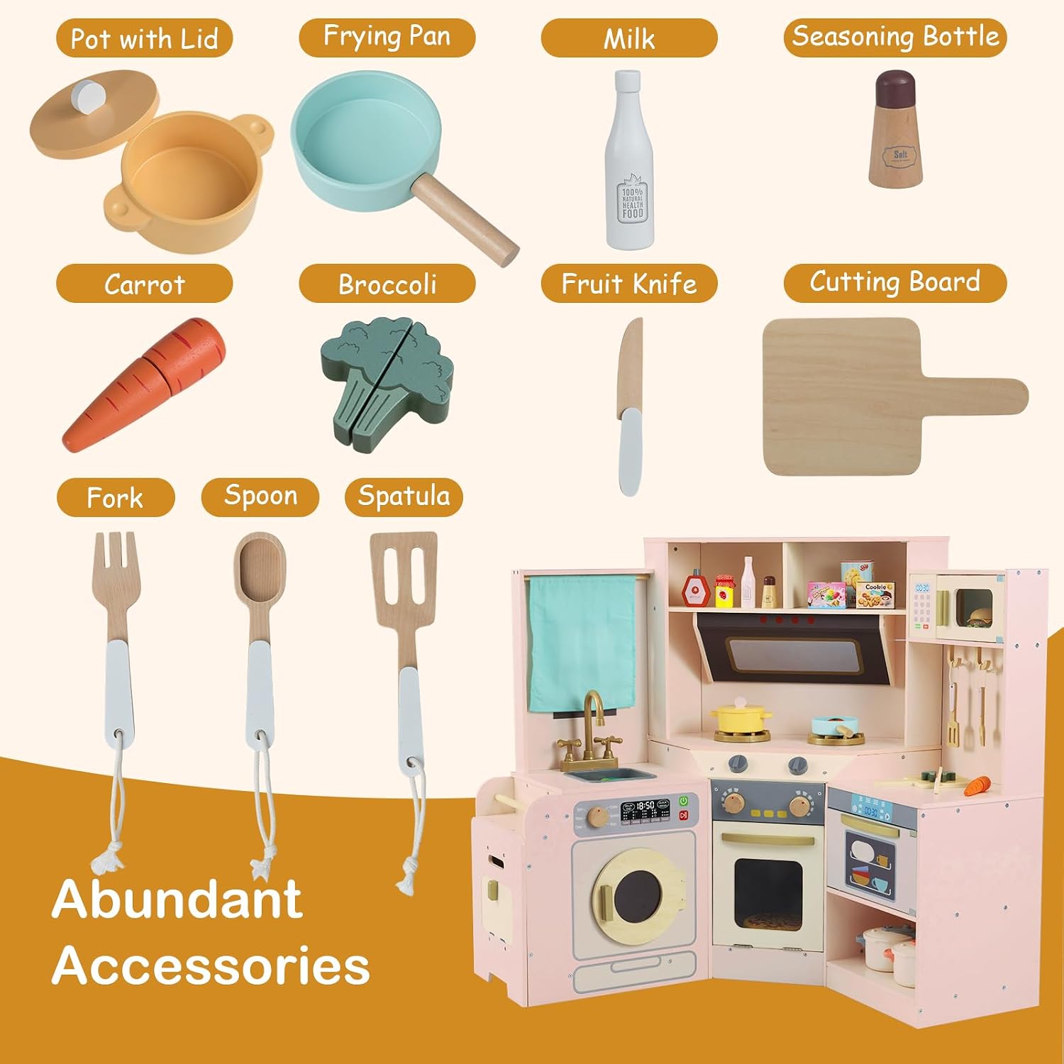 GLACER Corner Wooden Play Kitchen with Real Lights & Sounds, Pretend Kids Kitchen Playset with Trash Bin, Accessories, Dishwasher, Microwave Oven, Cooking Play Set for Toddlers Ages 3+ (Pink)