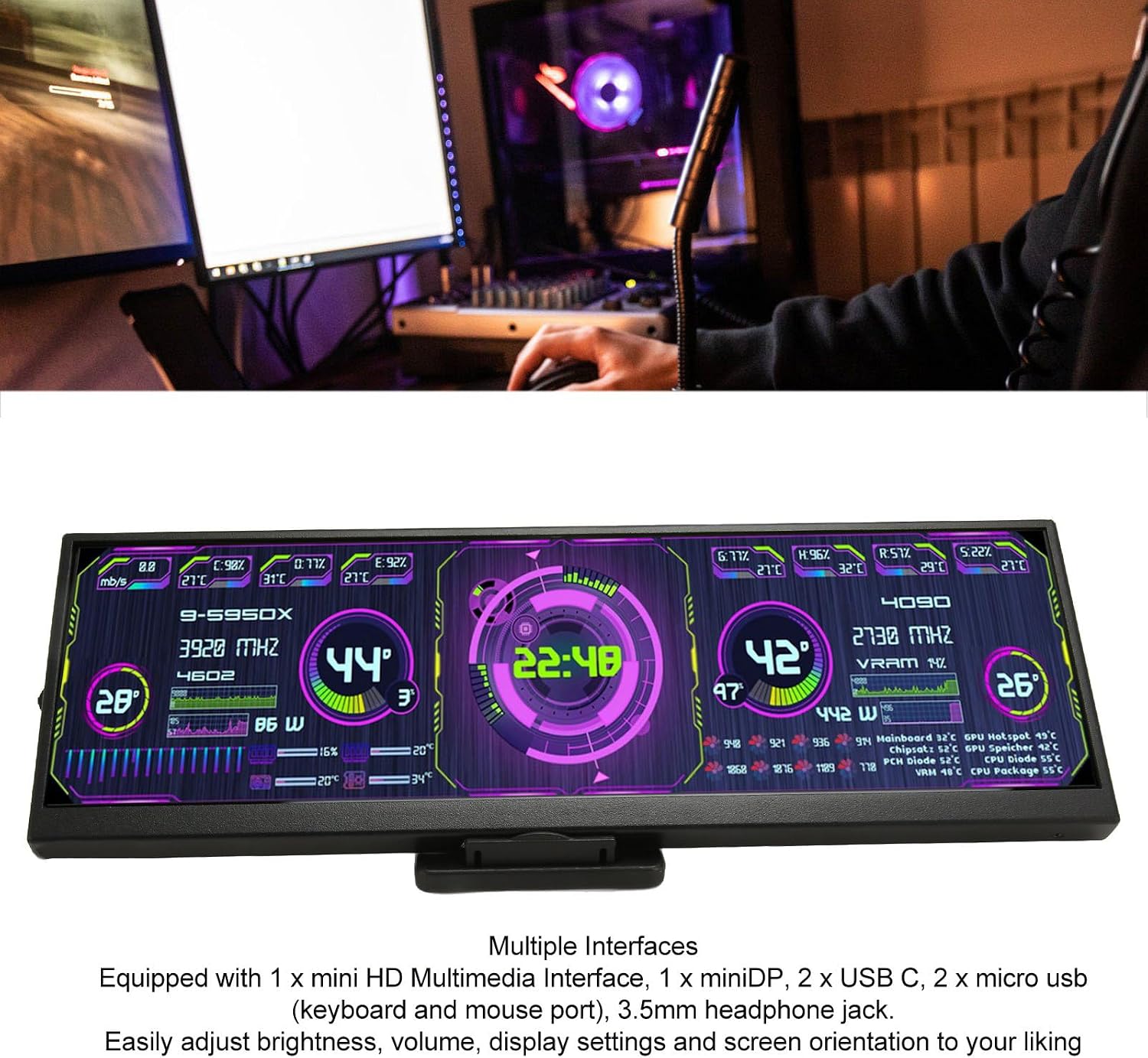 Zopsc Computer Temp Monitor, 12.7 Inch 4K PC Sensor Panel Display for aida64 Sub, USB Mini Screen CPU GPU Data Monitor for PC Laptop Desktop
