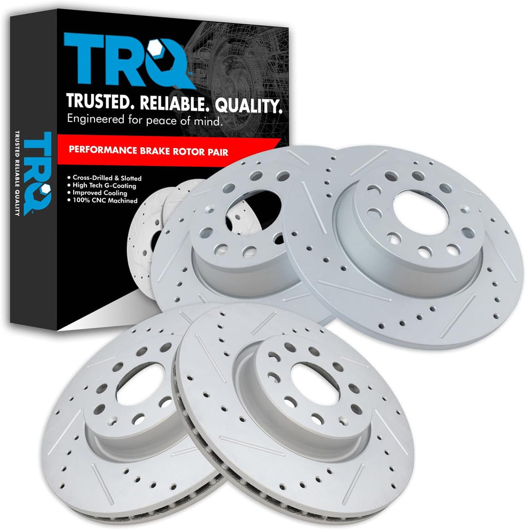 TRQ Performance Front and Rear Brake Rotor Set G Coated Drilled and Slotted Compatible with 2006-2009 Audi A3 2015 Audi Q3 2005-2017 Volkswagen Jetta GTI Passat CC Tiguan Eos 2018 Tiguan Limited