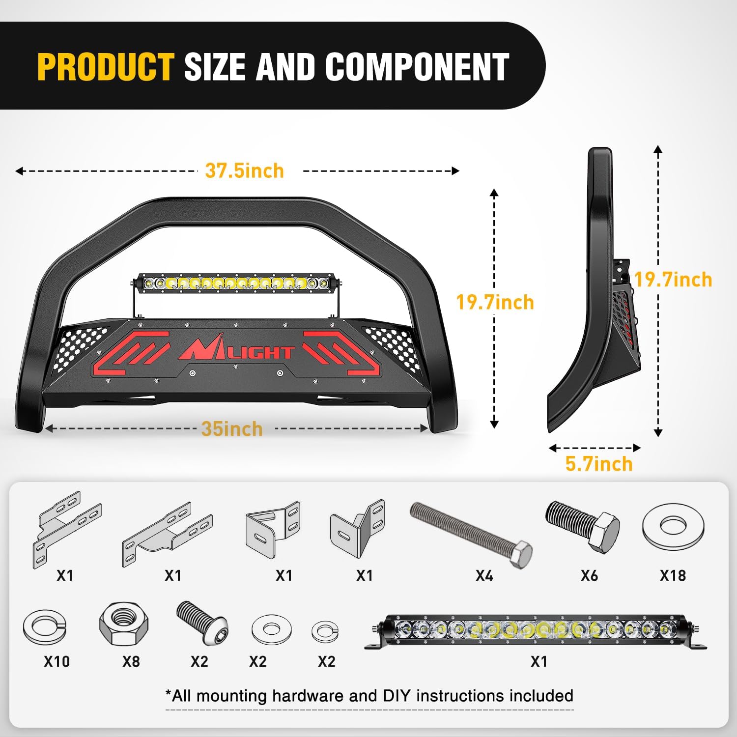 Nilight Bull Bar with Light fits Chevy Colorado (Excl. ZR2) 2015-2022 & GMC Canyon 2015-2022 Front Bumper Grille Brush Push Guard with Skid Plate Licence Plate Hole Black