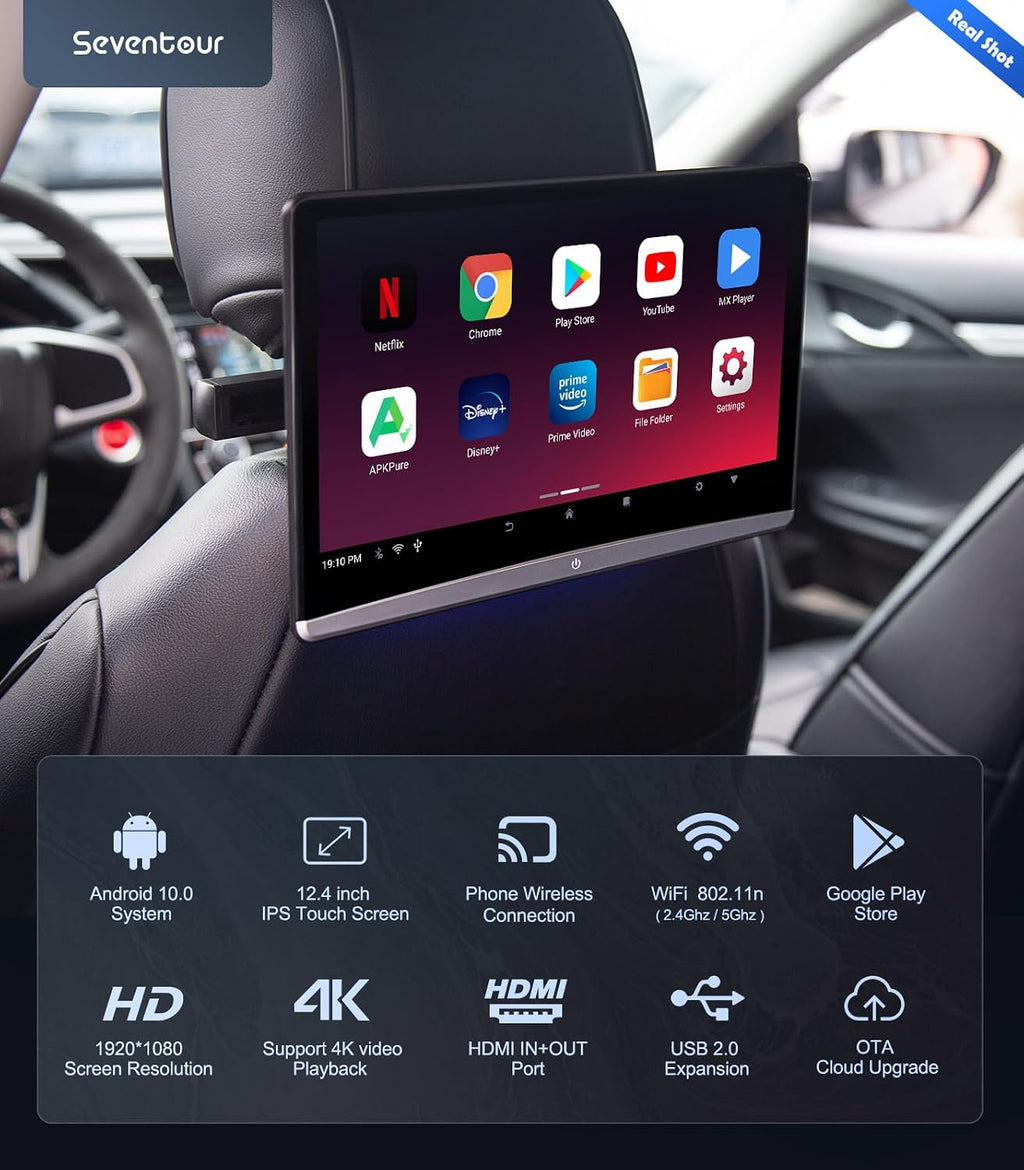 Seventour 12.4' Android 4K Car TV Headrest Monitor Tablet for Back seat, Support Phone Wireless Connection Mirror Link Touch Screen,with WiFi/Bluetooth/HDMI/USB/FM/AV in/SD/Airplay Video Player(2*pcs)