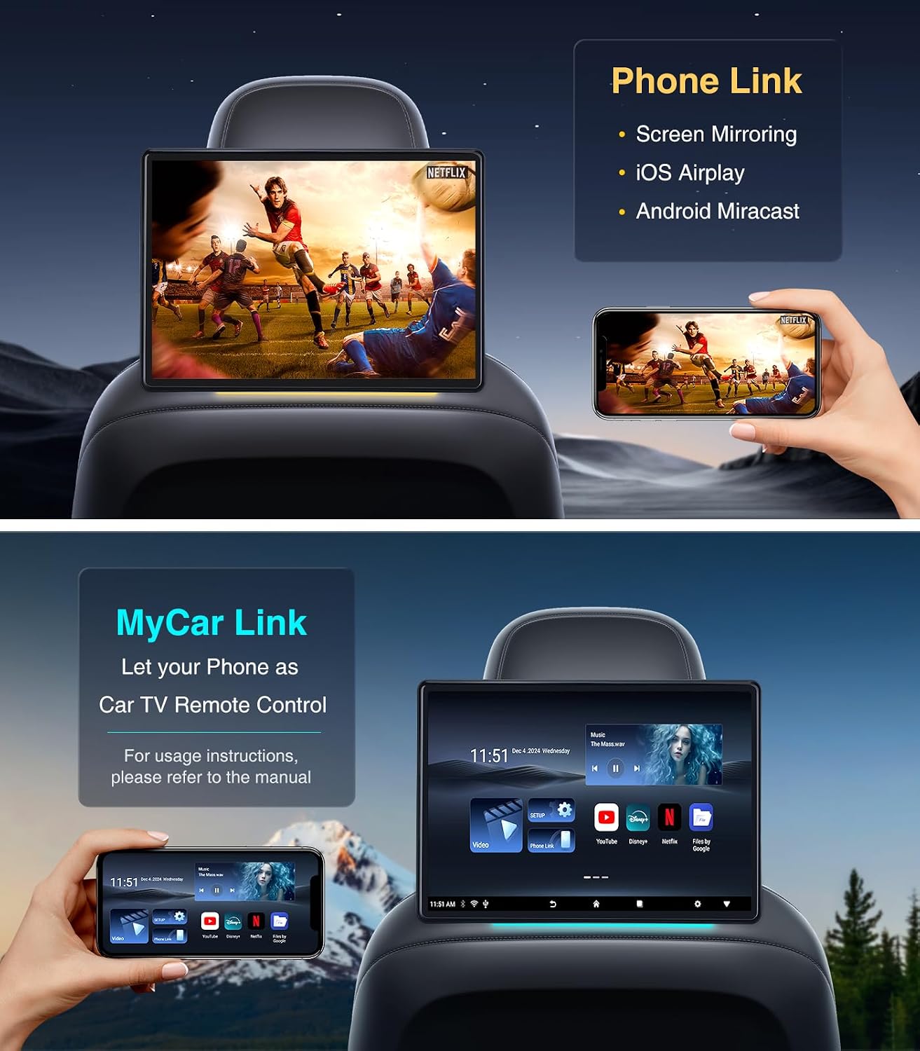 13.5' Android 13 Car Headrest Monitor-4G+64G 4K Car TV for Back Seat, Wireless Phone Mirroring, HDMI in/Out Sync, Bluetooth FM WiFi, Rear Seat Entertainment System (1-Pack)