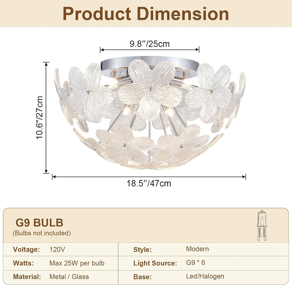 Floral Semi Flush Mount Ceiling Light Fixture Modern Flower Ceiling 6-Light Glass Chrome Chandeliers for Bedroom Closet Entryway Living Room Indoor Kitchen Foyer Hallway