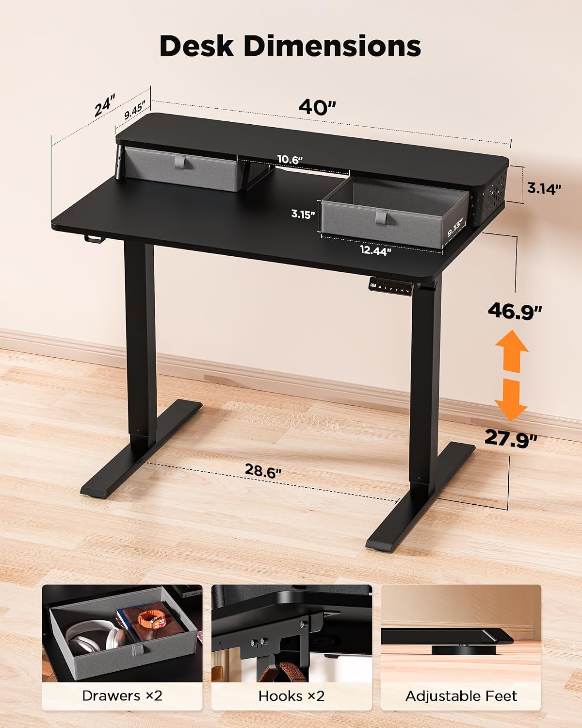 FiCiHi 40x24 Inch Standing Desk with Drawers, C-Clamp Mount Compatible, Electric Adjustable Height Computer Small Stand Up Desks, Home Office Sit Stand Table with 3 Preset Heights, Black