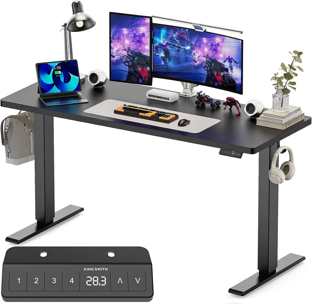 WALKINGDESK 55x24 Inches Height Adjustable Electric Standing Desk with 2 Hooks for Home Office, Ergonomic Sit Stand up Desk with Splice Board, Black