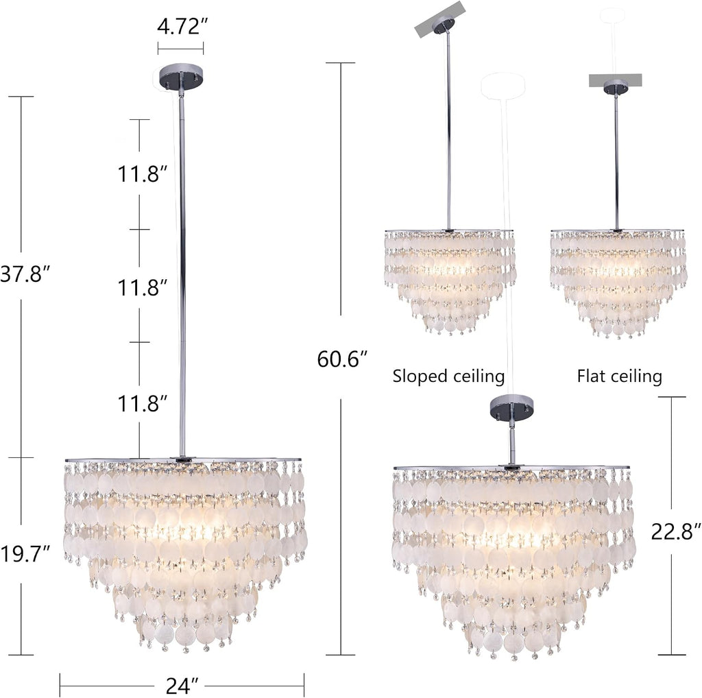 TOCHIC Modern Capiz Shell Crystal Chandelier 6-Light Chrome Coastal Chandelier for Living Dining Room Bedroom Nuture Seashell Boho Semi Flush Mount Ceiling Light Fixture for Kitchen Island Foyer