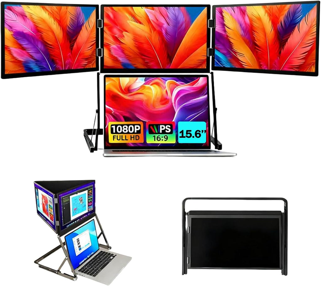 15.6' Triple Laptop Screen Extender - Portable FHD 1080P IPS Travel Monitor, 360° Rotating Extra Display for Mac & PC, Plug & Play, Boost Productivity Anywhere