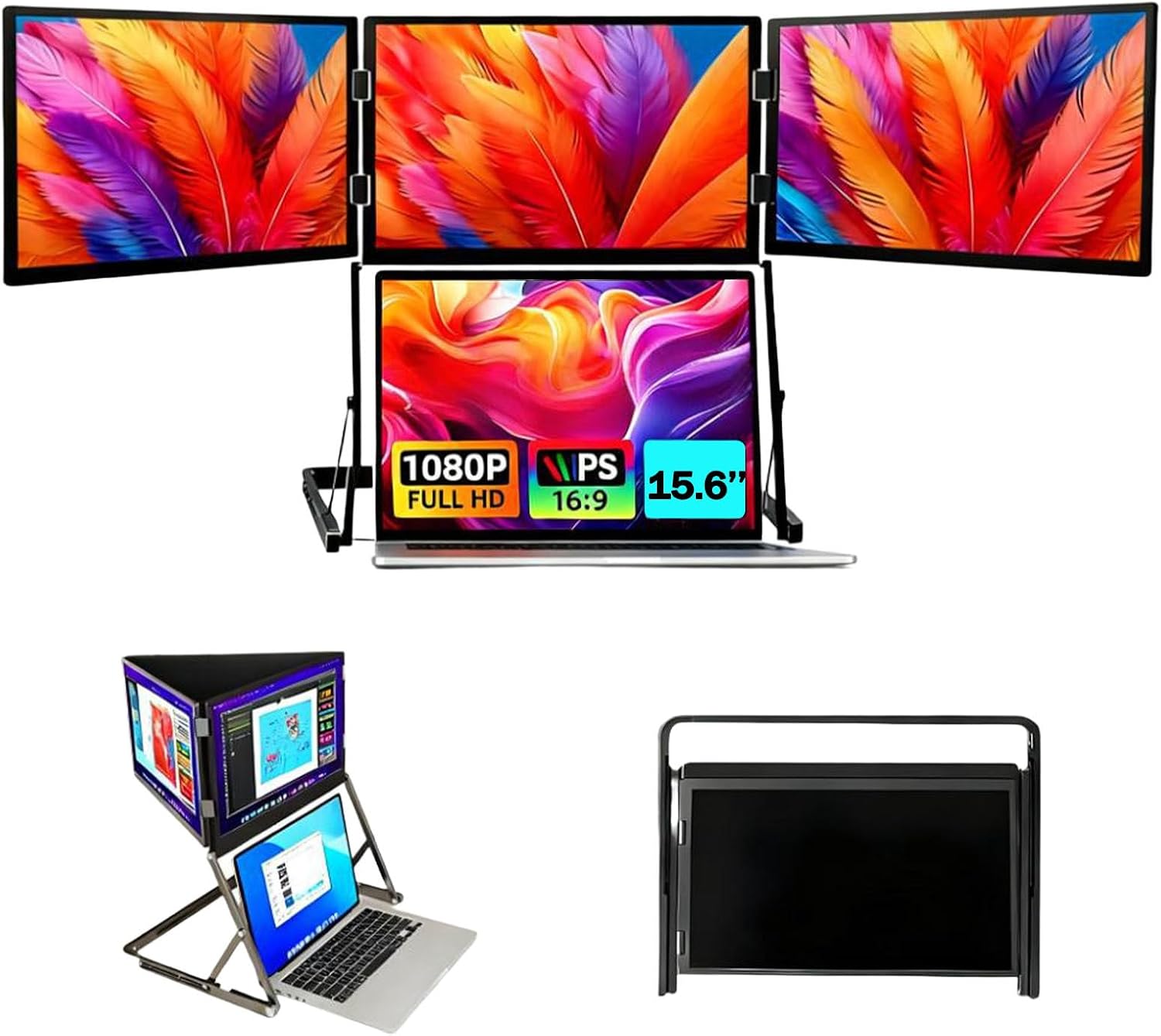 15.6' Triple Laptop Screen Extender - Portable FHD 1080P IPS Travel Monitor, 360° Rotating Extra Display for Mac & PC, Plug & Play, Boost Productivity Anywhere