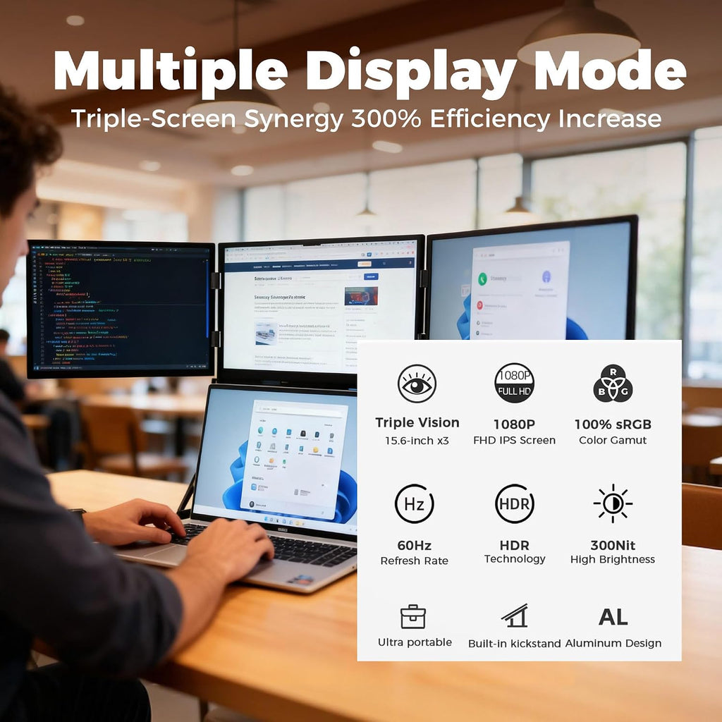 3 Monitor Setup for Laptop, Laptop Monitor Extender, 15.6-inch 1080P, with 360-degree Rotation, Adjustable Angles, Monitor for Laptop, for Windows/Linux/Mac Black