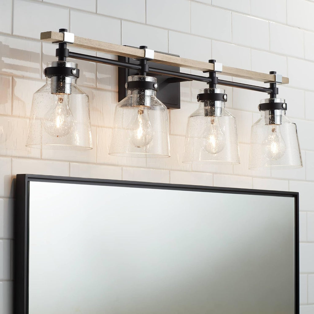 Possini Euro Design Broadway Modern Industrial Wall Light Black Painted Faux Wood Hardwired 32' 4-Light Fixture Clear Seedy Glass Shade for Cottage Core Bedroom Bedside Bathroom Vanity Living Room
