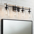 Possini Euro Design Broadway Modern Industrial Wall Light Black Painted Faux Wood Hardwired 32' 4-Light Fixture Clear Seedy Glass Shade for Cottage Core Bedroom Bedside Bathroom Vanity Living Room