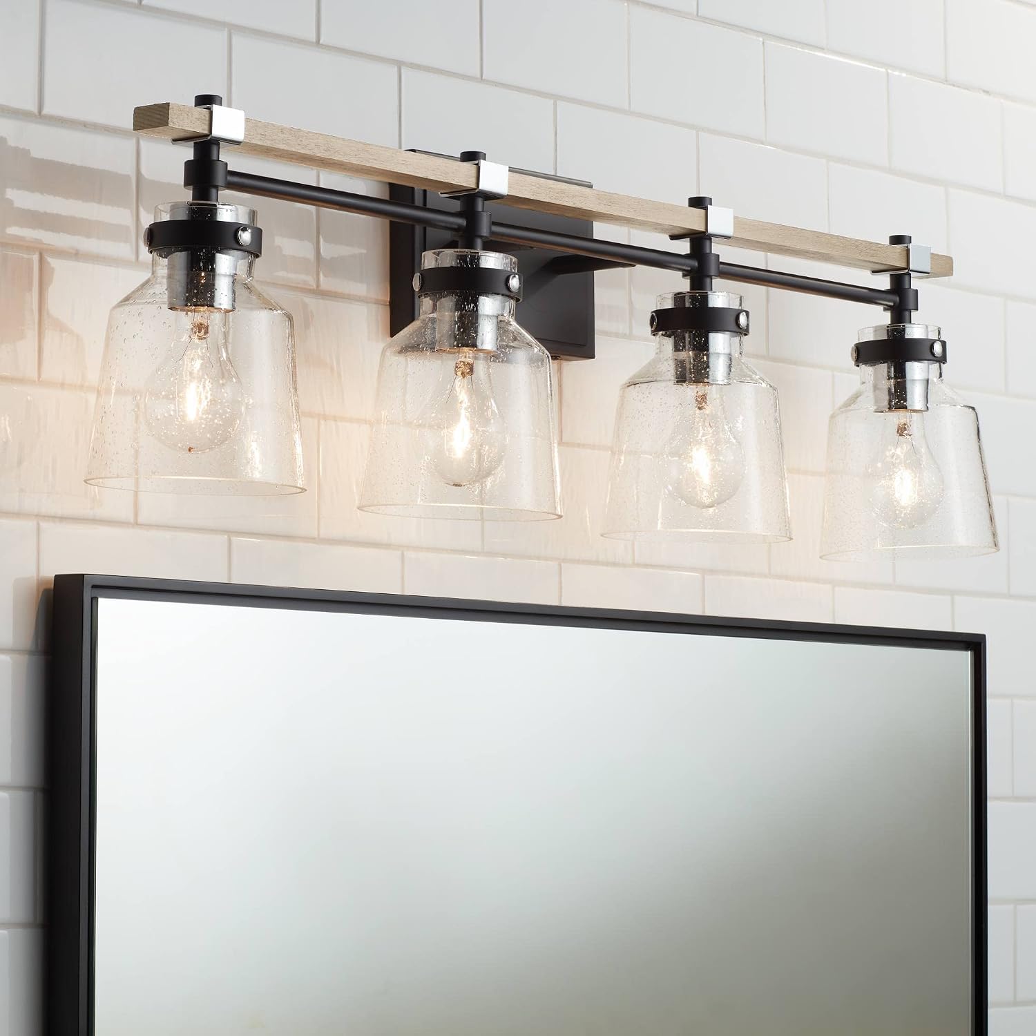 Possini Euro Design Broadway Modern Industrial Wall Light Black Painted Faux Wood Hardwired 32' 4-Light Fixture Clear Seedy Glass Shade for Cottage Core Bedroom Bedside Bathroom Vanity Living Room