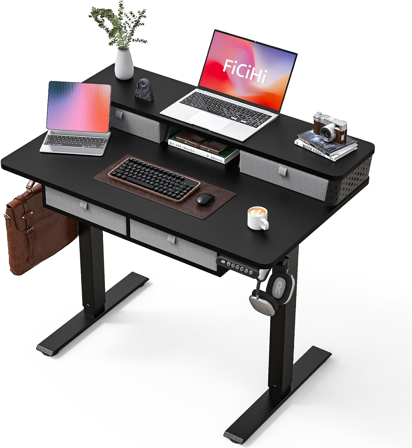 FiCiHi Electric Standing Desk with Four Drawers, 40 x 24 Inch Adjustable Height Sit Stand Desk, C-Clamp Compatible Home Office Desk with Storage Shelf & Monitor Stand Riser, Classical Black