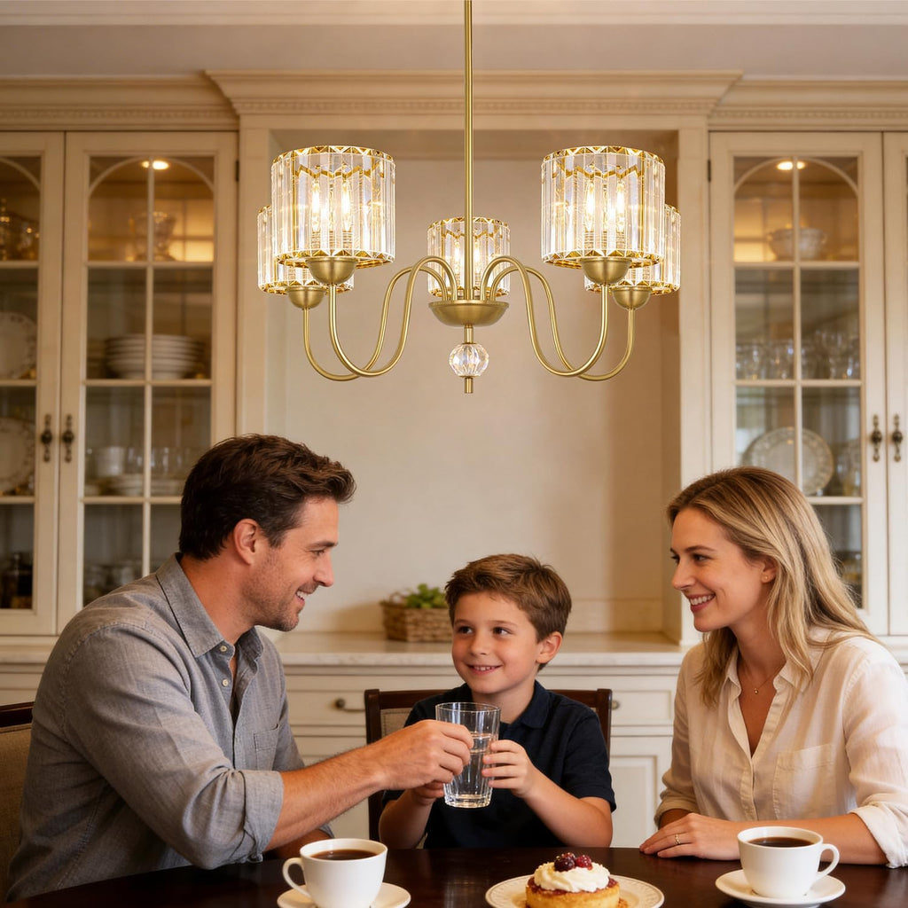 Lxybcce 27'' Gold Chandeliers for Dining Room, 5 Light Modern Chandelier Light Fixture with Crystal Shade, Chandelier Ceiling Light Fixture, Kitchen Pendant Lights Over Table for Living Room Entryway