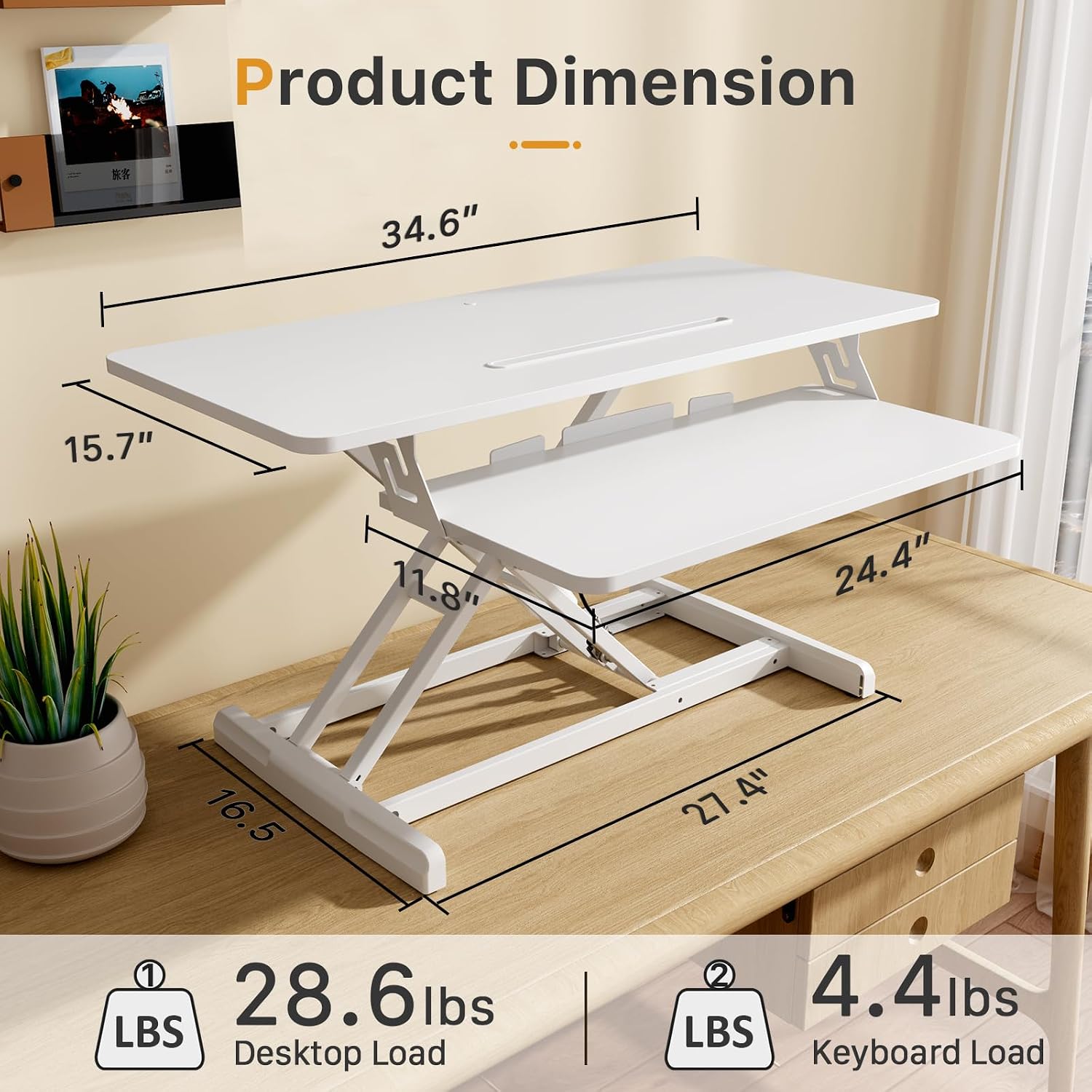 JOY worker Standing Desk Converter, 35' Wide Height Adjustable Sit Stand Up Desk Riser with Keyboard Tray, Desktop Workstation Riser for Home Office Computer Laptop, Particle Board, White