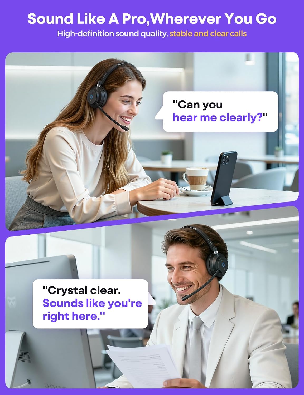 Wireless Headset with Mic for Work, Clear Sound ＆ Comfortable Computer Headset with Microphone, Bluetooth Headset with Charging Base & USB Dongle for Home/CallCenter/Teams/Zoom/Skype(Black)