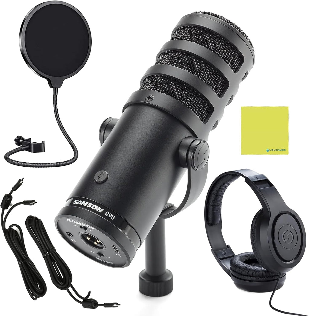Samson Q9U XLR/USB Broadcast Dynamic Microphone Bundle w/Samson SR350 Over-Ear Stereo Headphones, Pop Filter Polishing Cloth