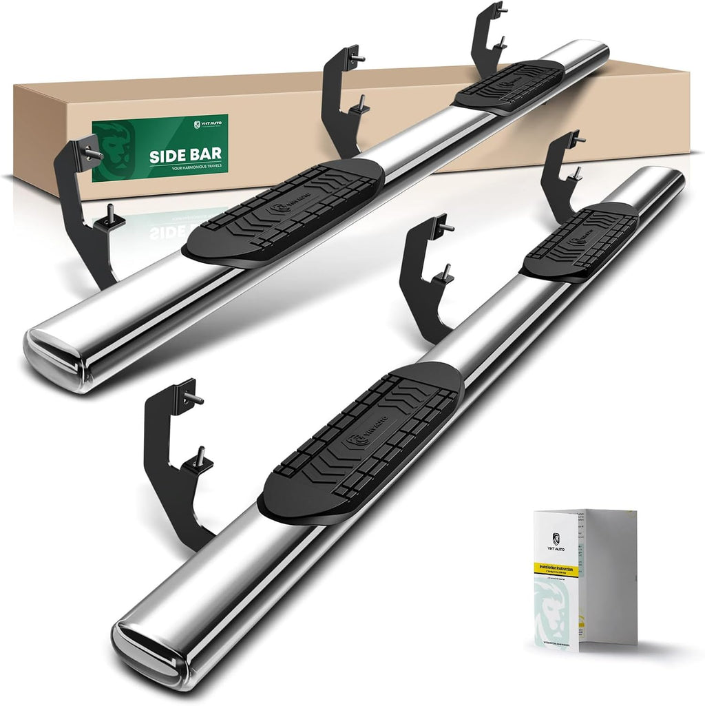 YHTAUTO 6 Inch Running Boards Fit Chevy Silverado & GMC Sierra 1500 2019-2026, 2500 HD/3500 HD 2020-2026(Extended Cab/Double Cab) Oval Straight Stainless Steel Polished Chrome, Side Step Rails