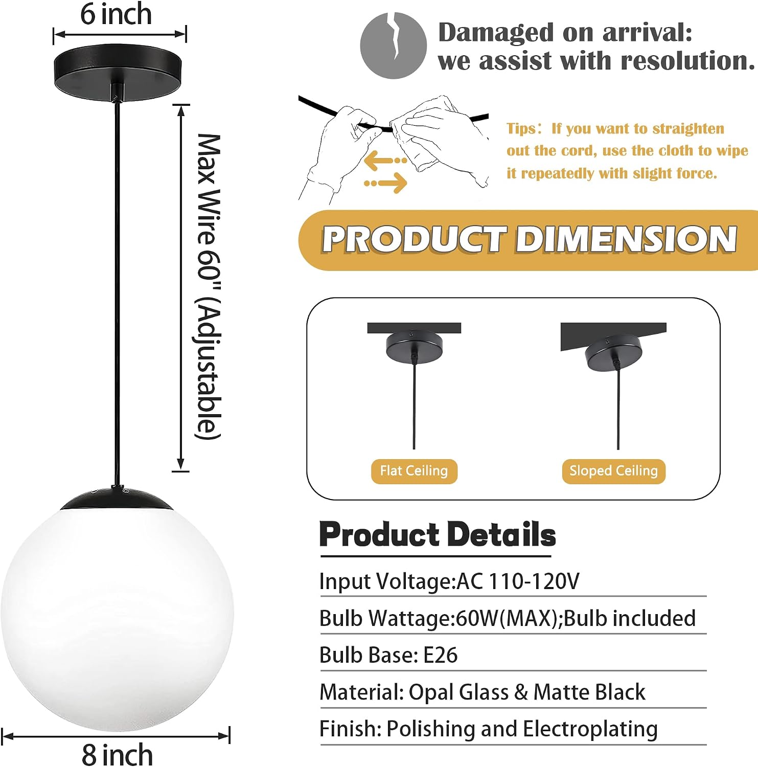 KoKo&Yukina 8' Black Glass Globe Modern Pendant Lights 2 Pack Mid Century Milky White Glass Pendant Light Fixtures Adjustable Hanging Pendant Lighting for Kitchen Island Bedroom Hallway Bulbs Incl.