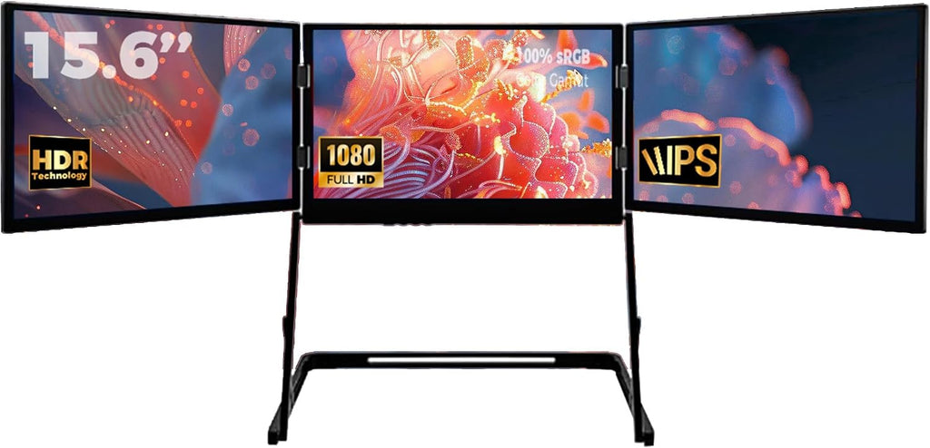 Three Screen Monitor for Laptop, Laptop Screen Extender, 15.6-inch 1080P, with 360-degree Rotation, Adjustable Angles, Portable Monitor, for Windows/Linux/Mac Black