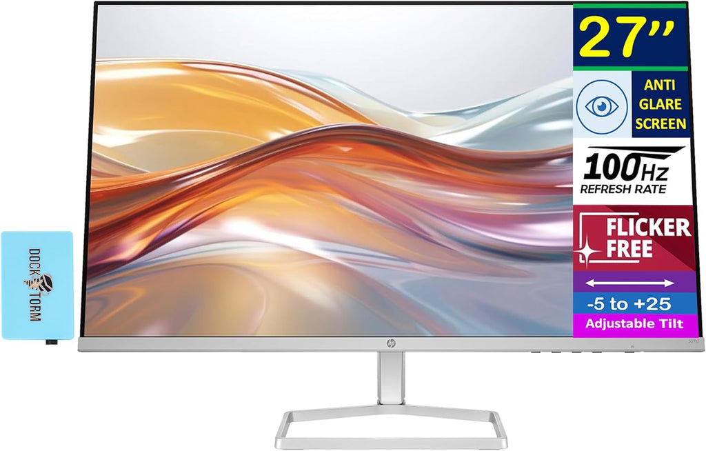 HP Series 5 527sf 27' FHD IPS Monitor with 300 nits Brightness, 5ms Response Time, Flicker Free, Anti-Glare, VGA, HDMI, & Dockztorm USB Port Expander, Black/Silver Color (94F44AA#ABA)