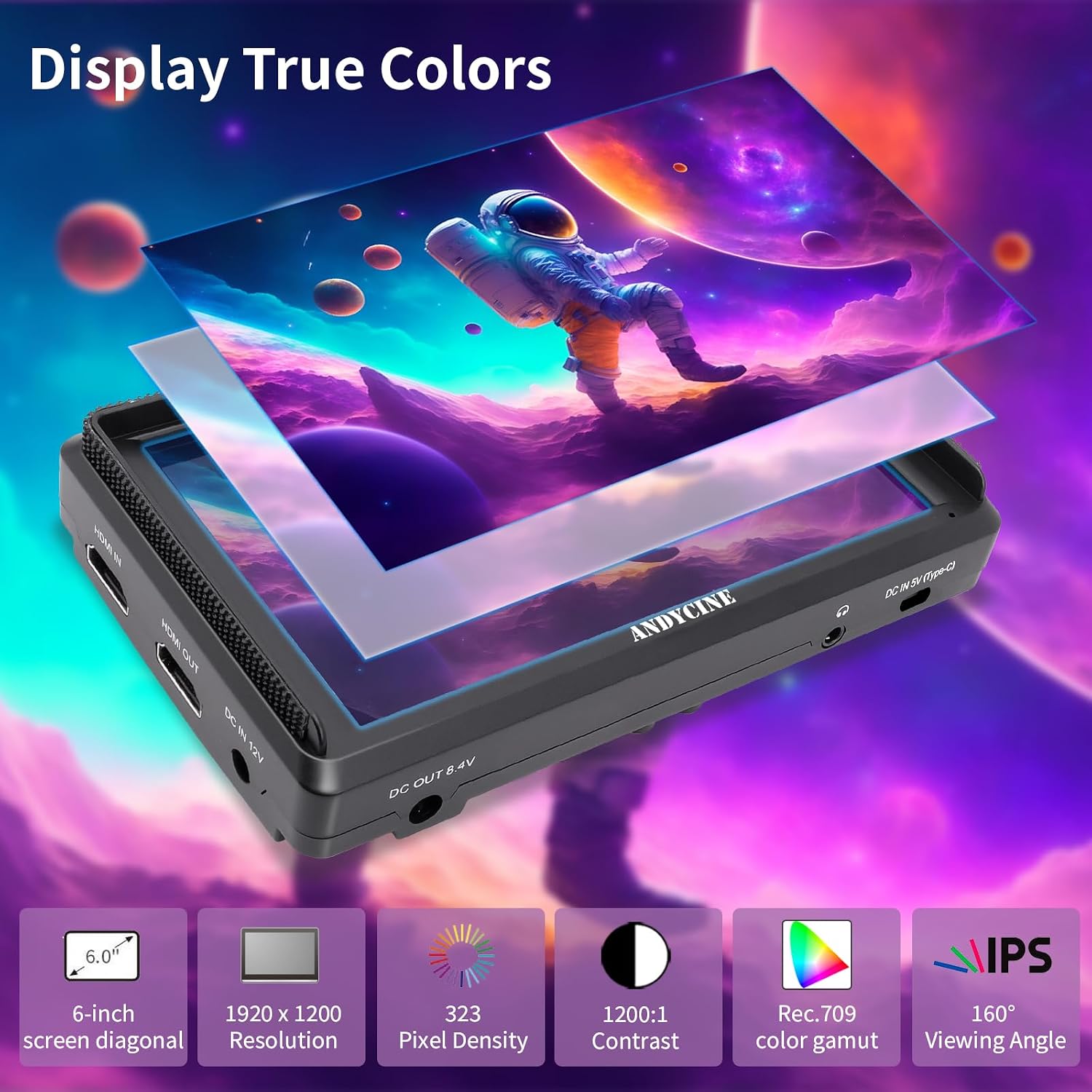 ANDYCINE A6 V2 6 Inch HDMI Field Monitor 1920x1080 Camera Fiedl Monitor Bundle with 4k HDMI in/Out Tilt Arm, Power Output, Battery & Carry Case Included