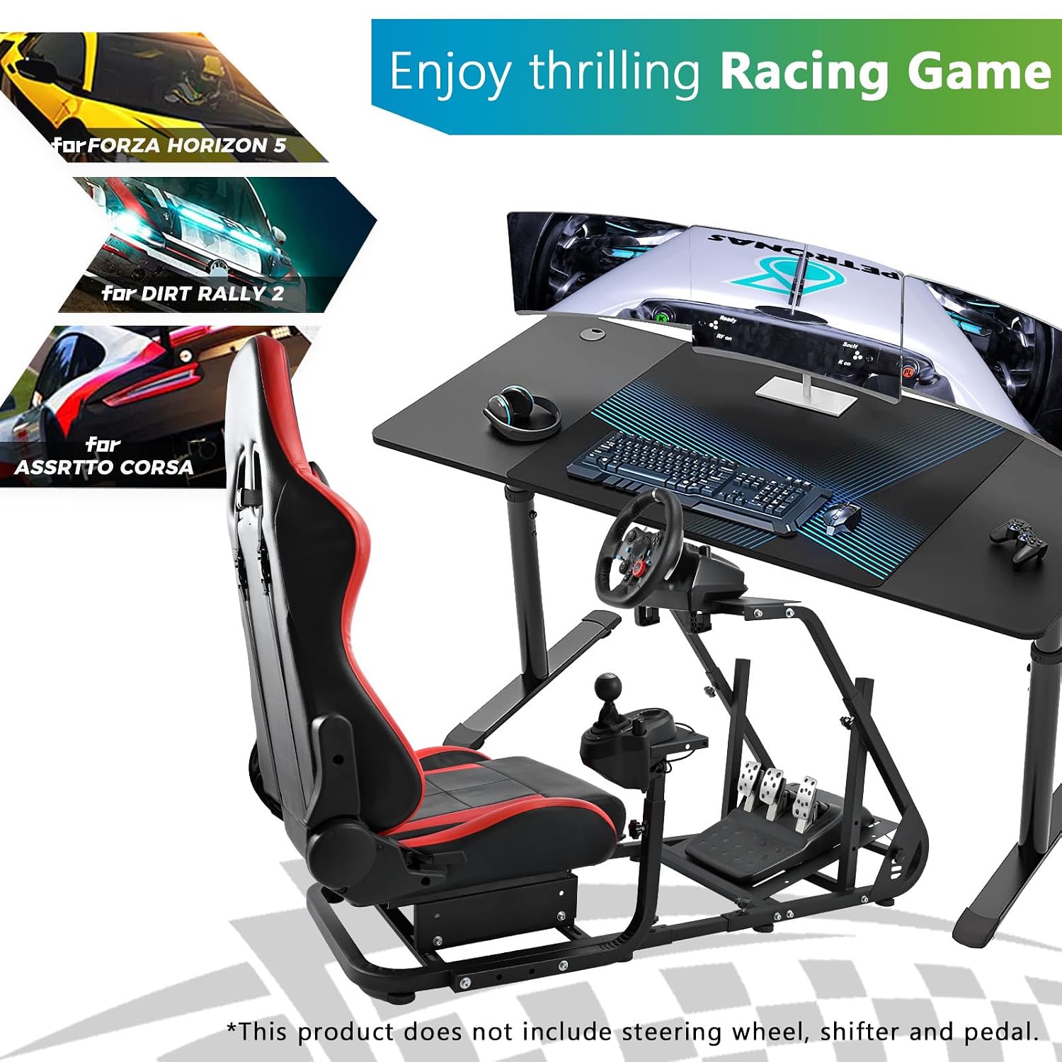 Hottoby Adjustable Racing Simulator Cockpit with Red Seat Fit for Logitech G920,for Thrustmaster,for Fanatec,Mountable Monitor Stand,Frame Double Arm Reinforcement,No Steering Wheel,Pedal & Handbrake