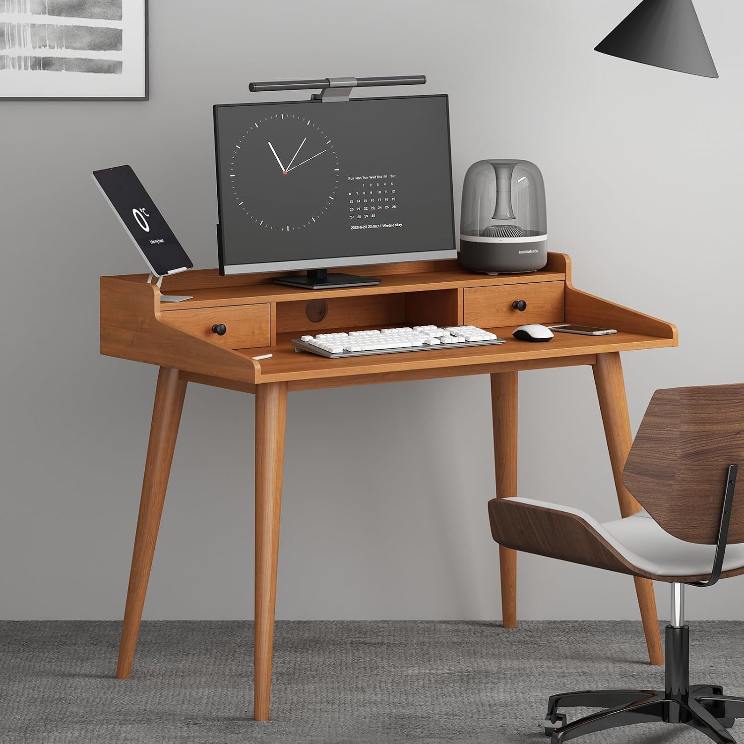 Mid Century Modern Desk, 41' Wood Home Office Writing Computer or Laptop Desk with Monitor Stand Riser and Open Storage Cubby, Vanity Desk with 2 Drawers