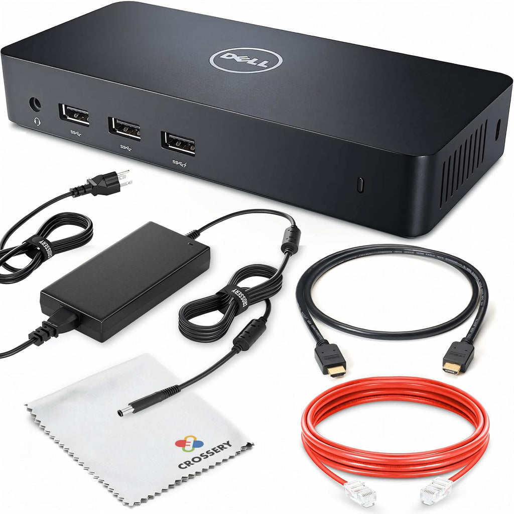 Dell D3100 Docking Station Bundle - Dual Monitor USB 3.0 Ultra HD/4K Support - Includes HDMI Cable, 65W Power Adapter, Ethernet Cable & Microfiber Cleaning Cloth (Renewed)