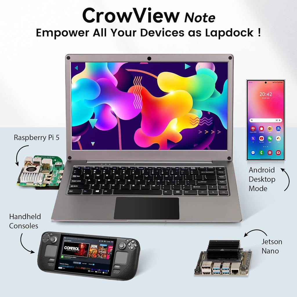 Portable Monitor with Keyboard, 15.6 Inch Lapdock Display with 6000mah Built-in Battery,CrowView Note 1080P FHD USB C Monitors with RPi5 Adapters Compatible with RPi5, PC, Phone, Mac, Game Console