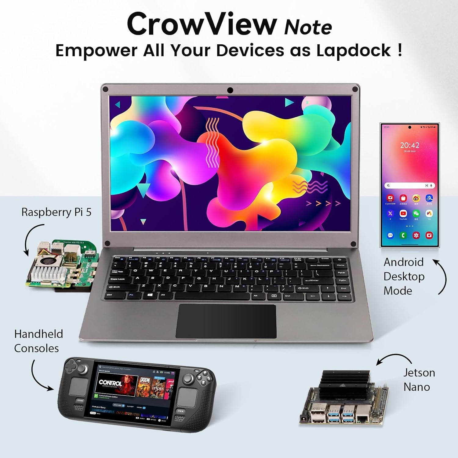 Portable Monitor with Keyboard, 15.6 Inch Lapdock Display with 6000mah Battery,CrowView Note 1080P FHD USB C Monitors with RPi5&Jetson Adapters Compatible with RPi5, PC, Phone, Mac, Game Console