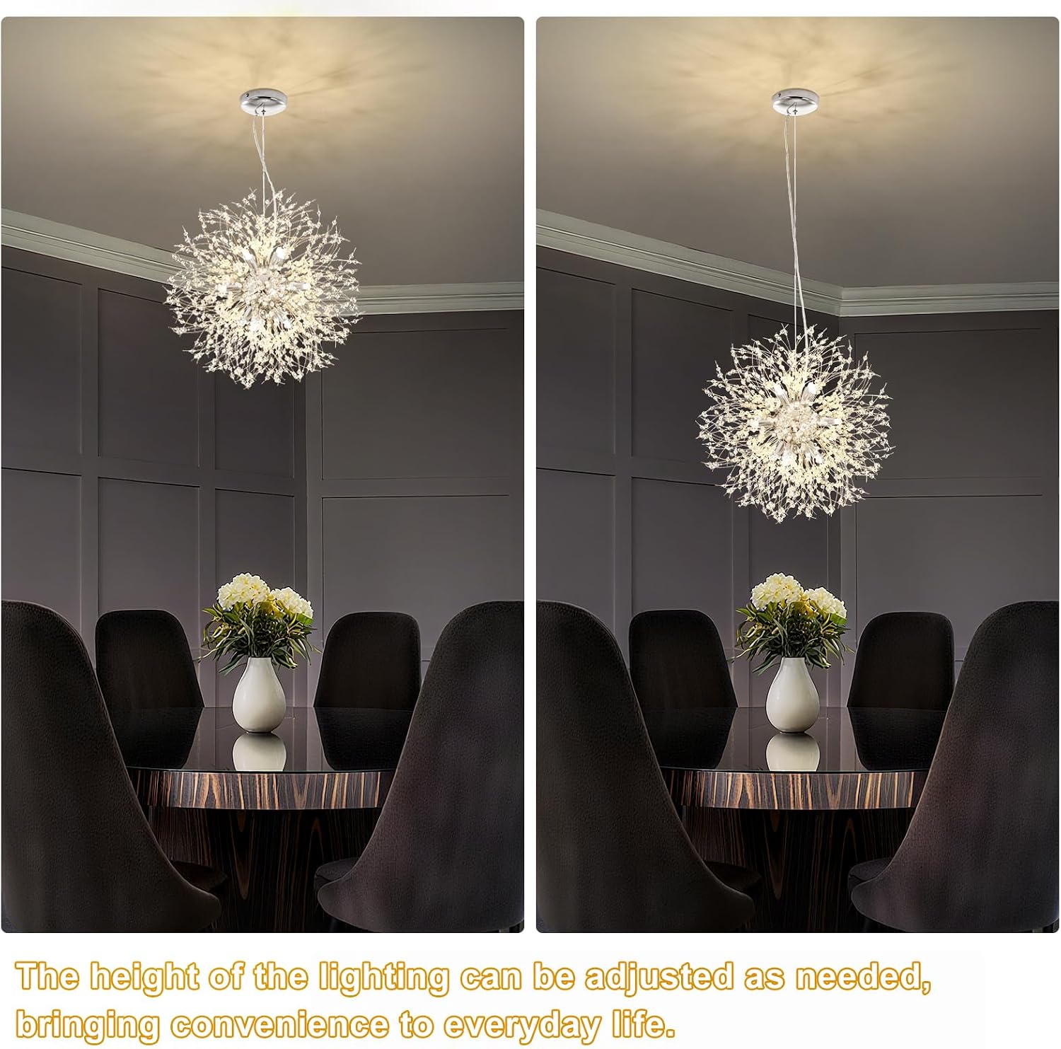 Yiisem Modern Crystal Chandeliers, 12-Light Chrome Dandelion Firework Pendant Lighting, Chandelier Light Fixtures for Dining Room Bedroom Living Room Kitchen Aisle Hallway Entryway