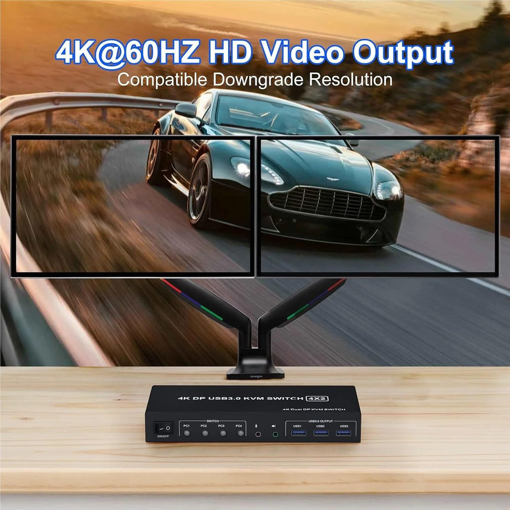 USB 3.0 KVM Switch Displayport 2 Monitors 4 Computers,4K Dual Monitor KVM Switch with Audio Microphone Output and 3 USB 3.0 Port(EU Power Adapter)