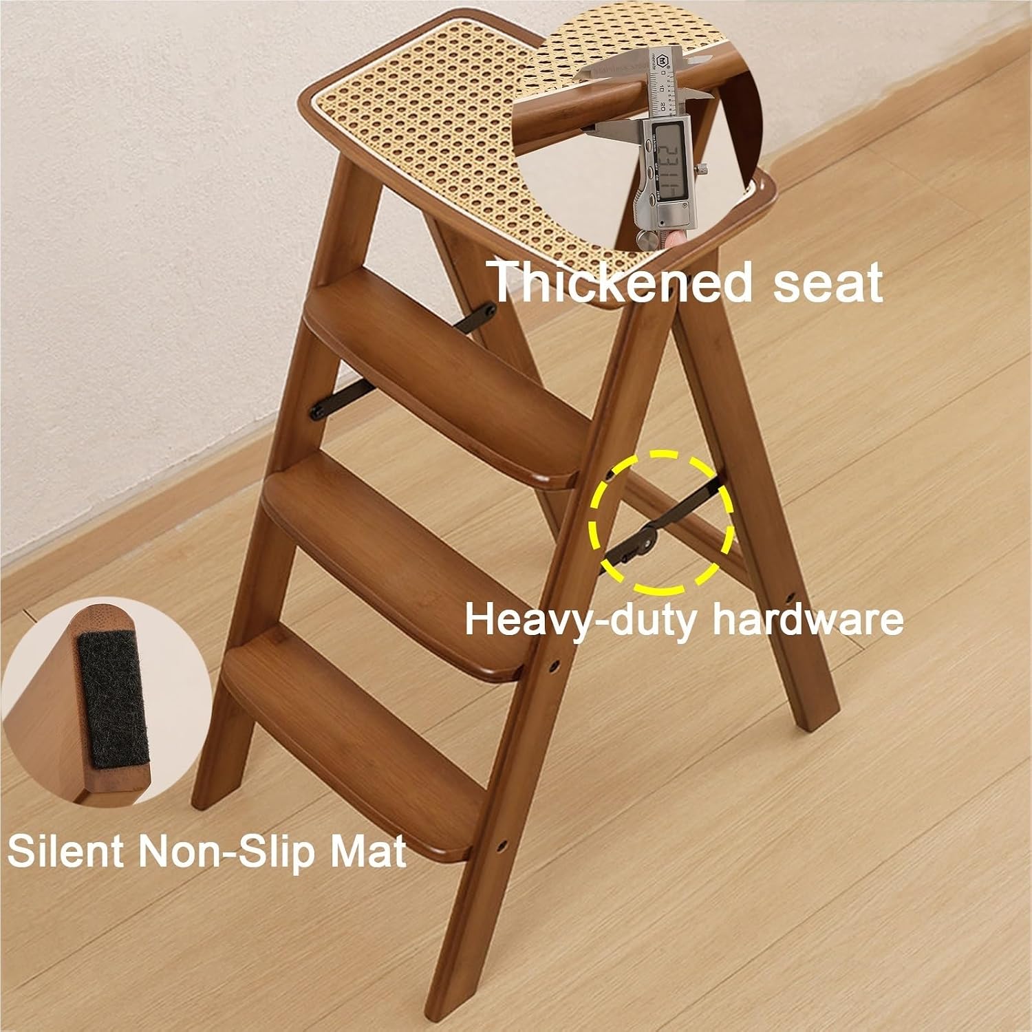 Solid Wood Folding Stool with Footrest Design Reinforced Plywood Construction Home-use Foldings Chair Triangular Load-bearing Structure Thickened Hardware Fittings Non-slip Foot Pads Rounded Edges