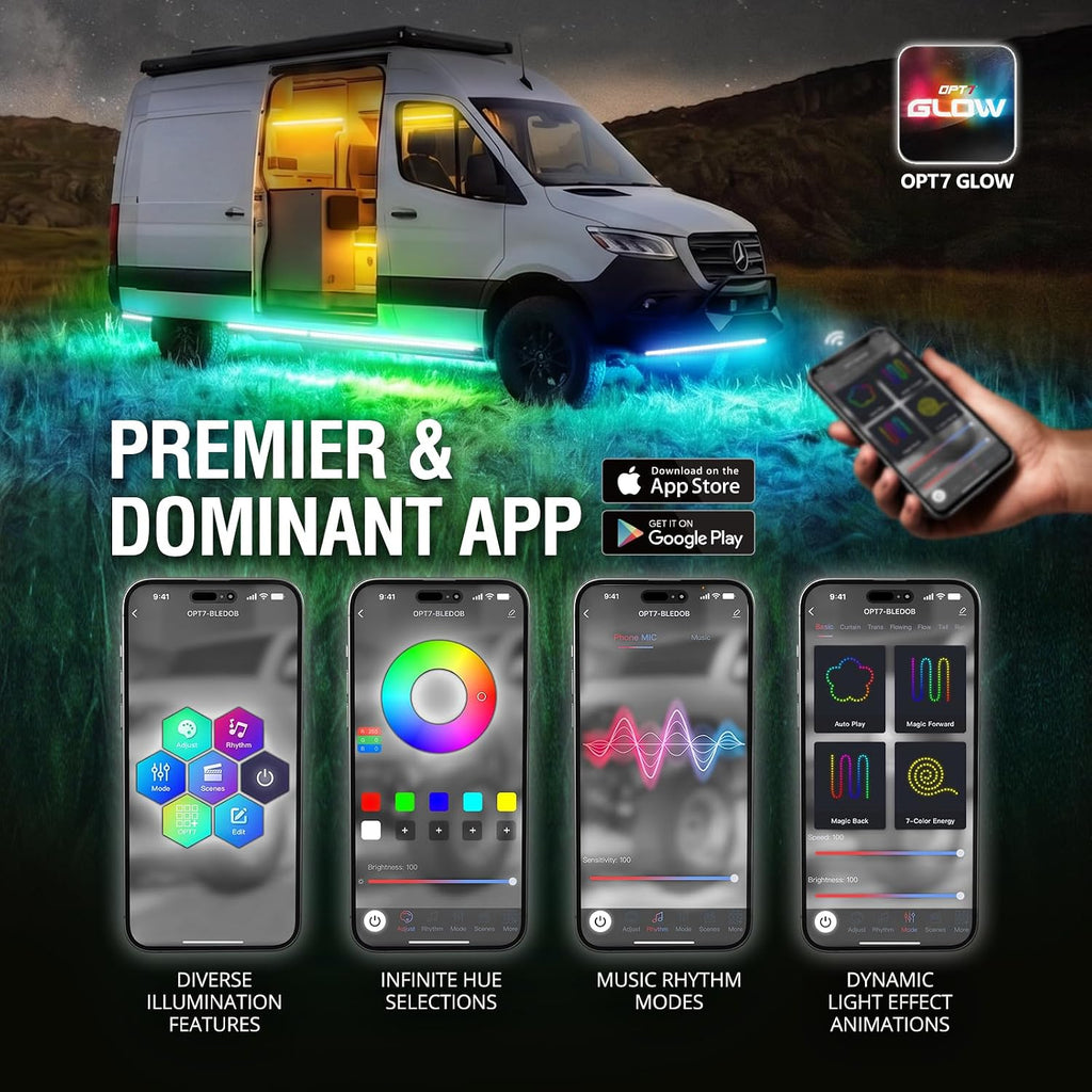 OPT7 Aura DreamColor Underglow Chasing Lights for RV with APP & Remote | Waterproof Aluminum Frame, RGB-IC LED Light Bar, Exterior RV Accent Lighting, Outdoor Camper Decor, Music Sync