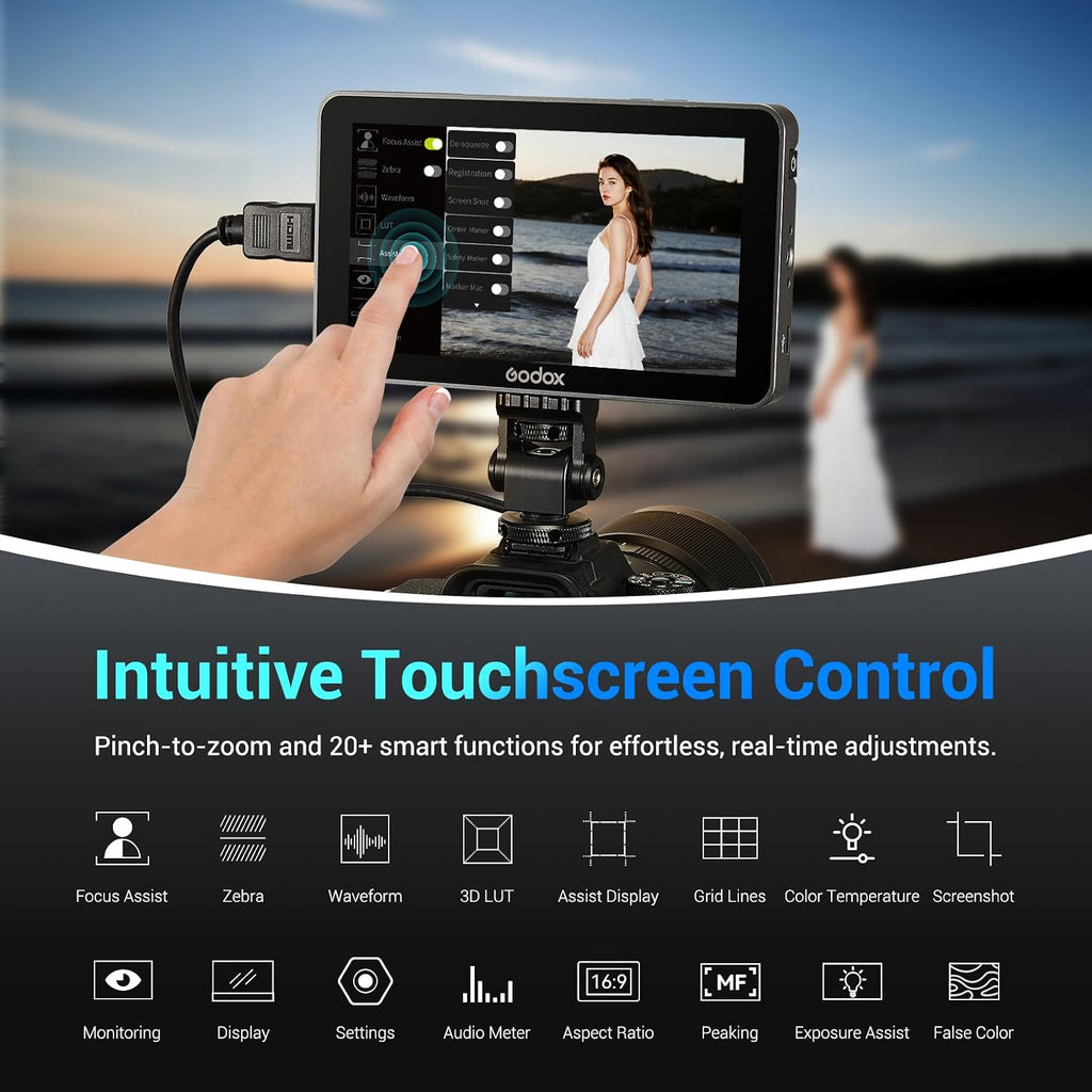 GODOX GM6S Pro 5.5inch Camera Field Monitor, 4K HDMI Camera Monitor, 2000nit±10% Ultra Bright Video Monitors, 1920x1080 IPS Touch Screen, Input & Output 3D LUT, All-Metal Body, with Foldable Sunshade