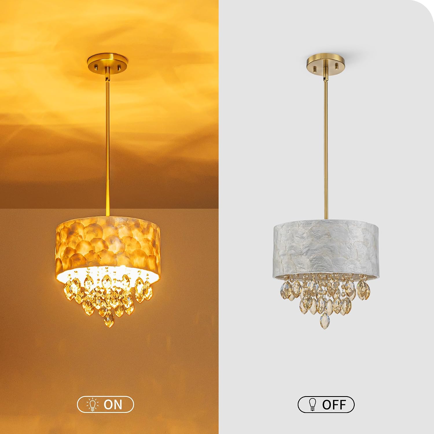 3-Light Drum Capiz Shell K9 Crystal Chandelier, Coastal Style Pendant Light Fixture for Dining Room, Living Room, D12 * H19~49 inch (Adjustable), Champagne Crystal & Gold Finish
