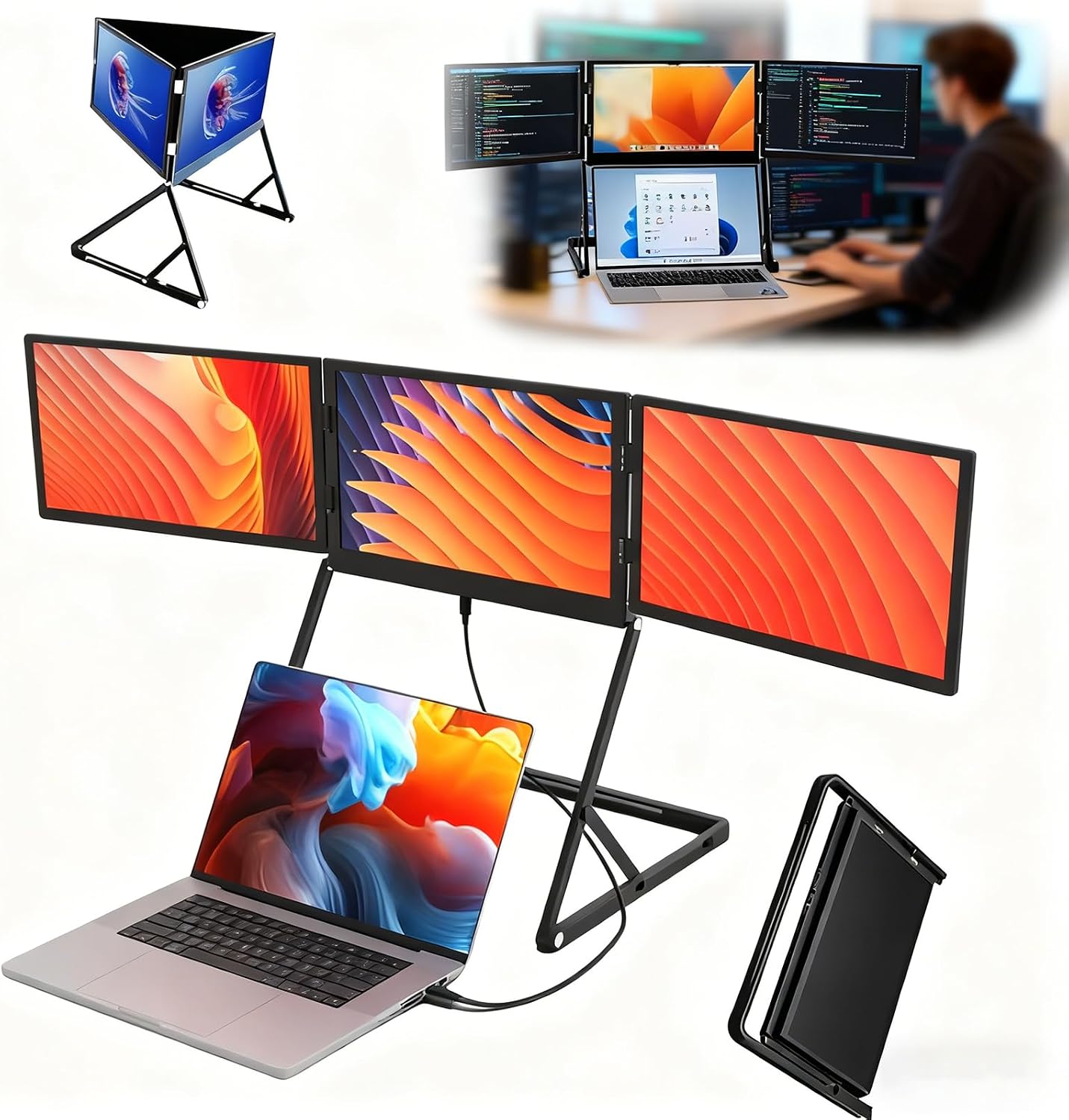 Triple Portable Monitor for Laptop, 15.6' FHD 1080P IPS Foldable Extender, 16:10 Ratio Single Cable, HDMI/USB-C P-Lug N Play, Windows/Mac/Android.