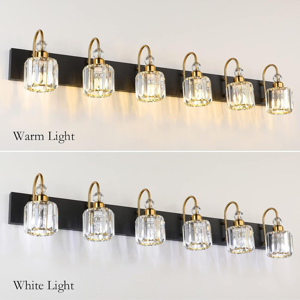 Ralbay Crystal Vanity Lights 6-Lights Modern Crystal Bathroom Vanity Lights Over Long Mirror Modern Black Gold Bathroom Vanity Lighting Fixtures