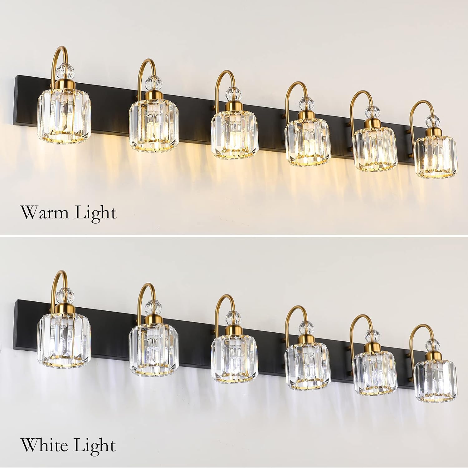 Ralbay Crystal Vanity Lights 6-Lights Modern Crystal Bathroom Vanity Lights Over Long Mirror Modern Black Gold Bathroom Vanity Lighting Fixtures