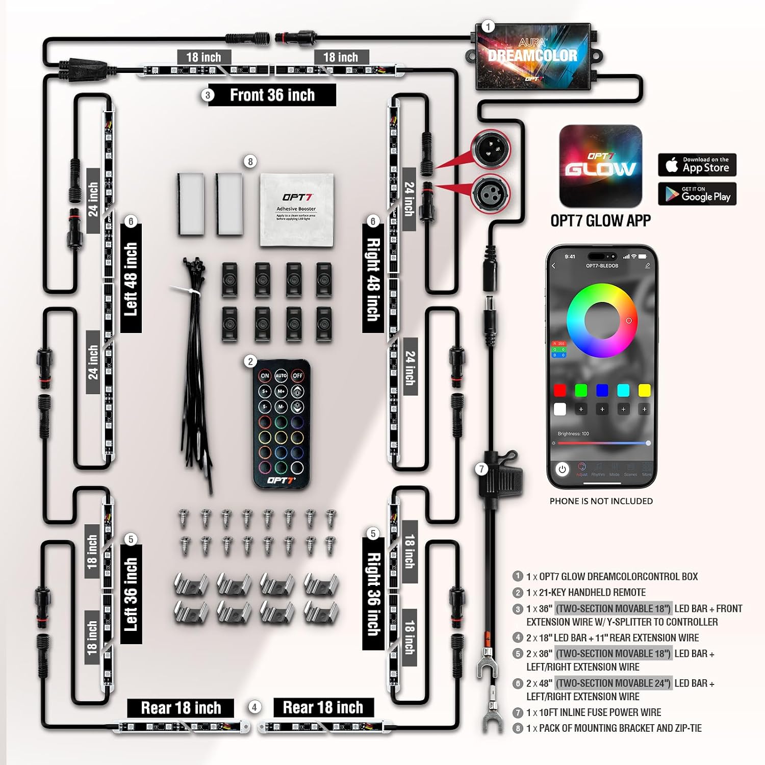 OPT7 Aura DreamColor Underglow Chasing Lights for RV with APP & Remote | Waterproof Aluminum Frame, RGB-IC LED Light Bar, Exterior RV Accent Lighting, Outdoor Camper Decor, Music Sync