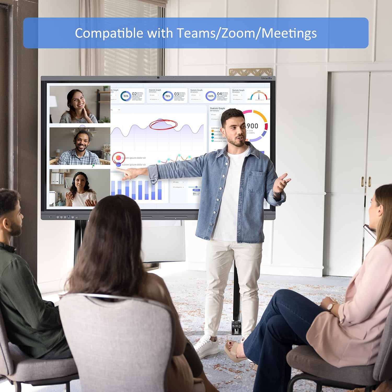 Shiarffe X5 Smart Board 75 Inch 4K Interactive Whiteboard 8GB RAM + 128GB Storage All-in-One Touchscreen Monitor Built-in 48MP Camera Mics and Speaker for Classrom Hybrid Work (Board Only)