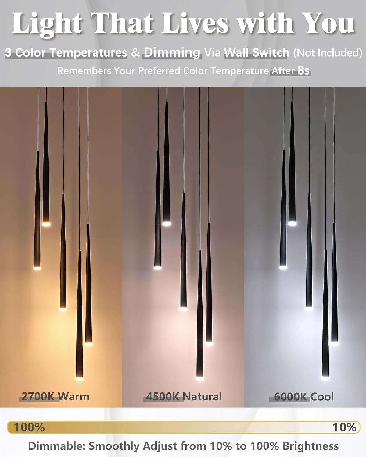 5-Light Modern Black LED Chandelier, High Ceiling Chandelier for Staircase Entryway Foyer, Linear Dimmable Hanging Light Fixture with 3 Color Temperatures